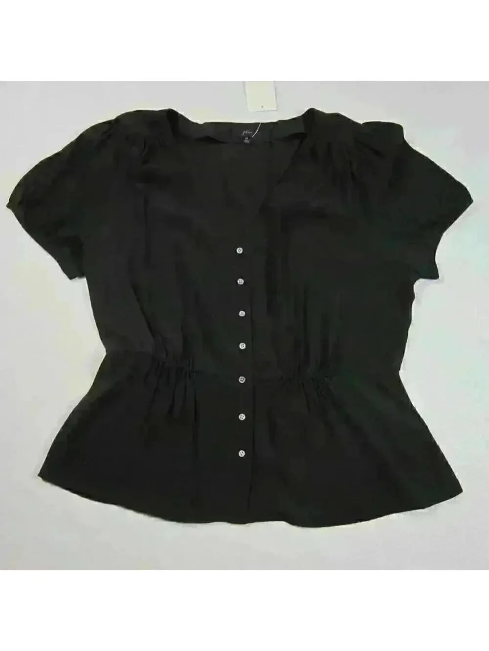 J.Crew Black Button Front Peplum Top V-Neck Short Sleeve Blouse Size Medium NWT
